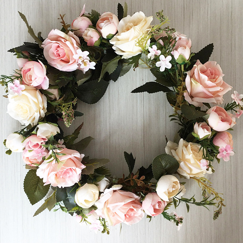 绢花花环 仿真玫瑰花花环门楣花环节日婚礼装饰客厅挂饰跨境电商
