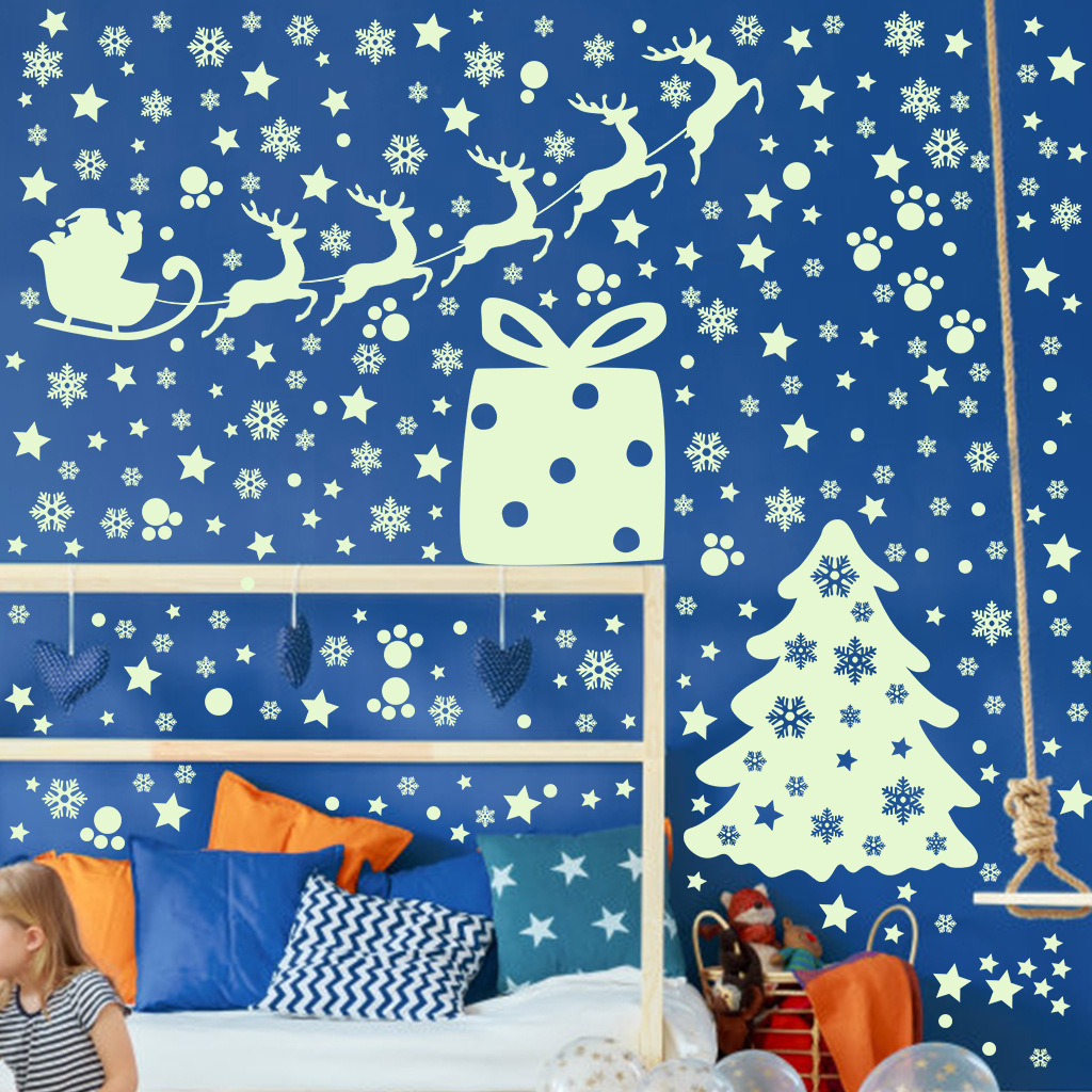 夜光圣诞节墙贴4小时发光 afg3352精雕蓝色圣诞节装饰夜光贴纸