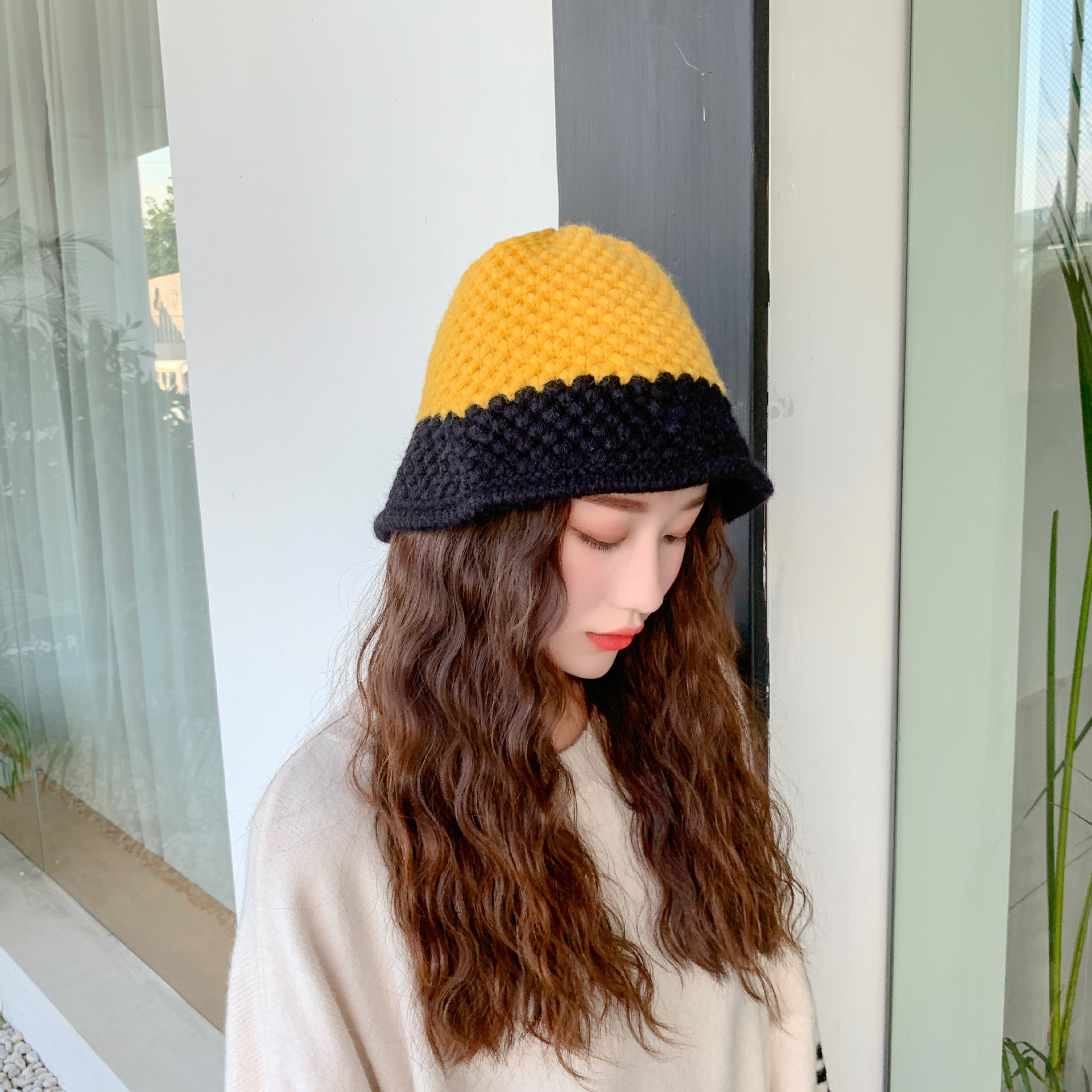 日系小众设计师款水桶毛线帽子女秋冬纯手双色拼色针织渔夫帽