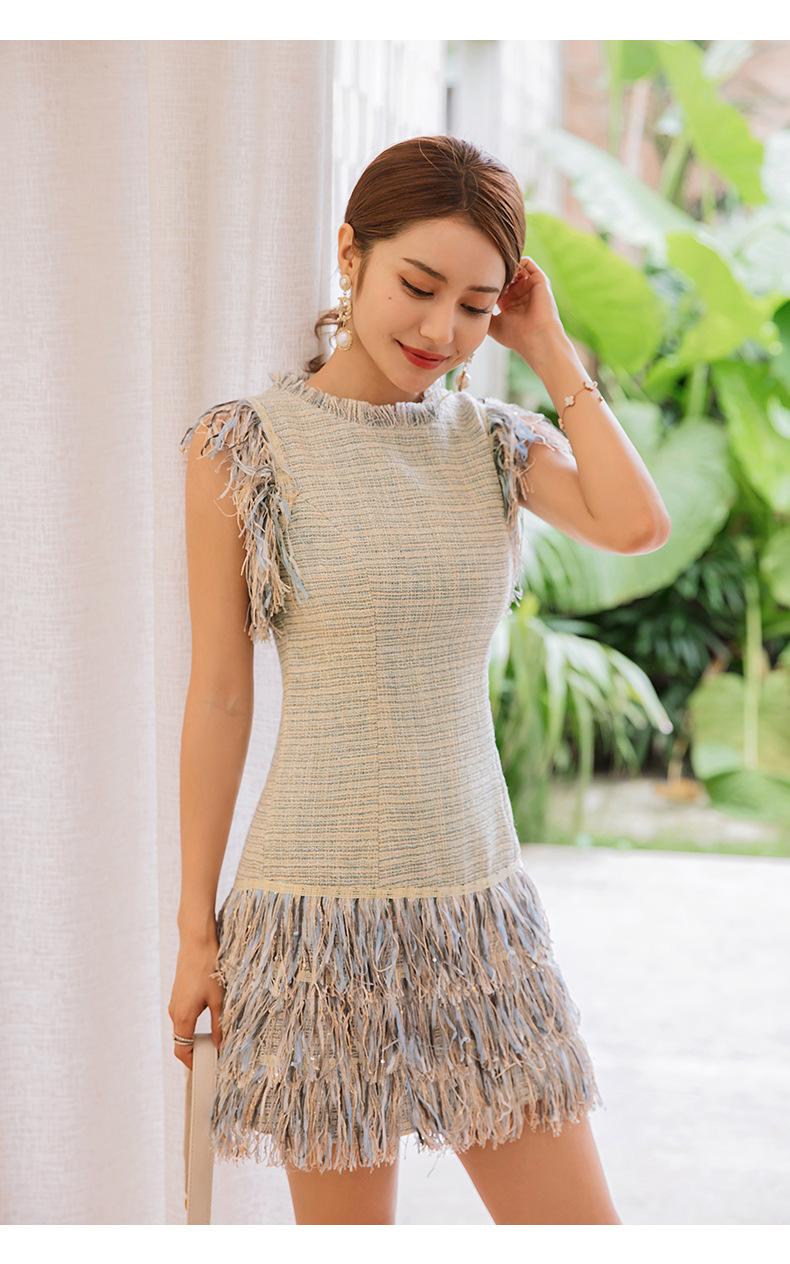 2020秋冬新款无袖粗花呢连衣裙收腰流苏裙摆气质礼服裙66097