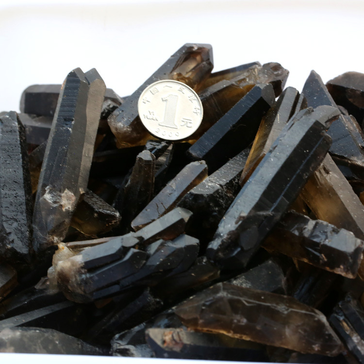 100克价长30-50毫米左右天然黑水晶单晶体 天然墨晶原石风水石