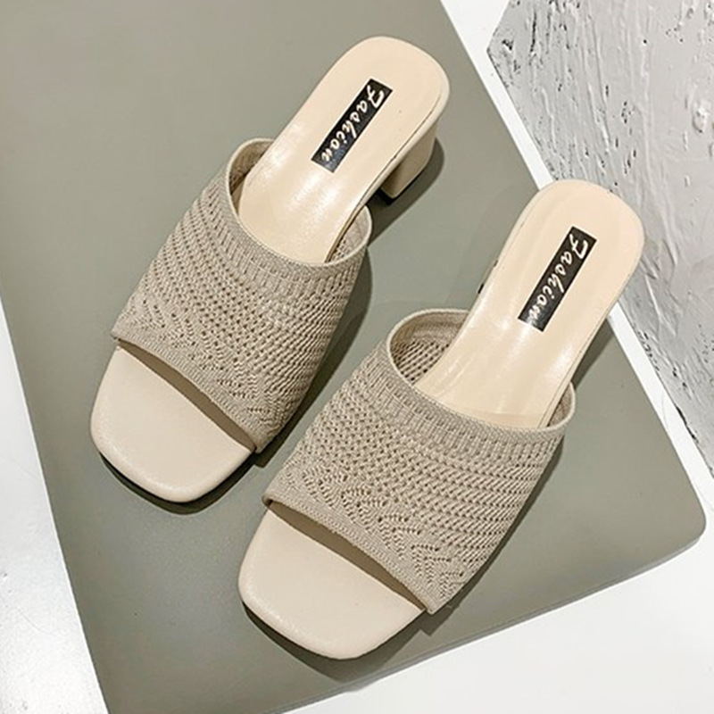 Mid Heel Slippers Women's Summer 2020 New Korean Style Flyknit Outerwear Fashion Women's Sandals Wholesale Delivery