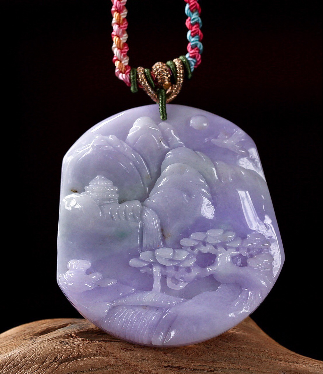 缅甸天然a货翡翠紫罗兰山水牌吊坠水润厚装手工雕刻一物一图项链