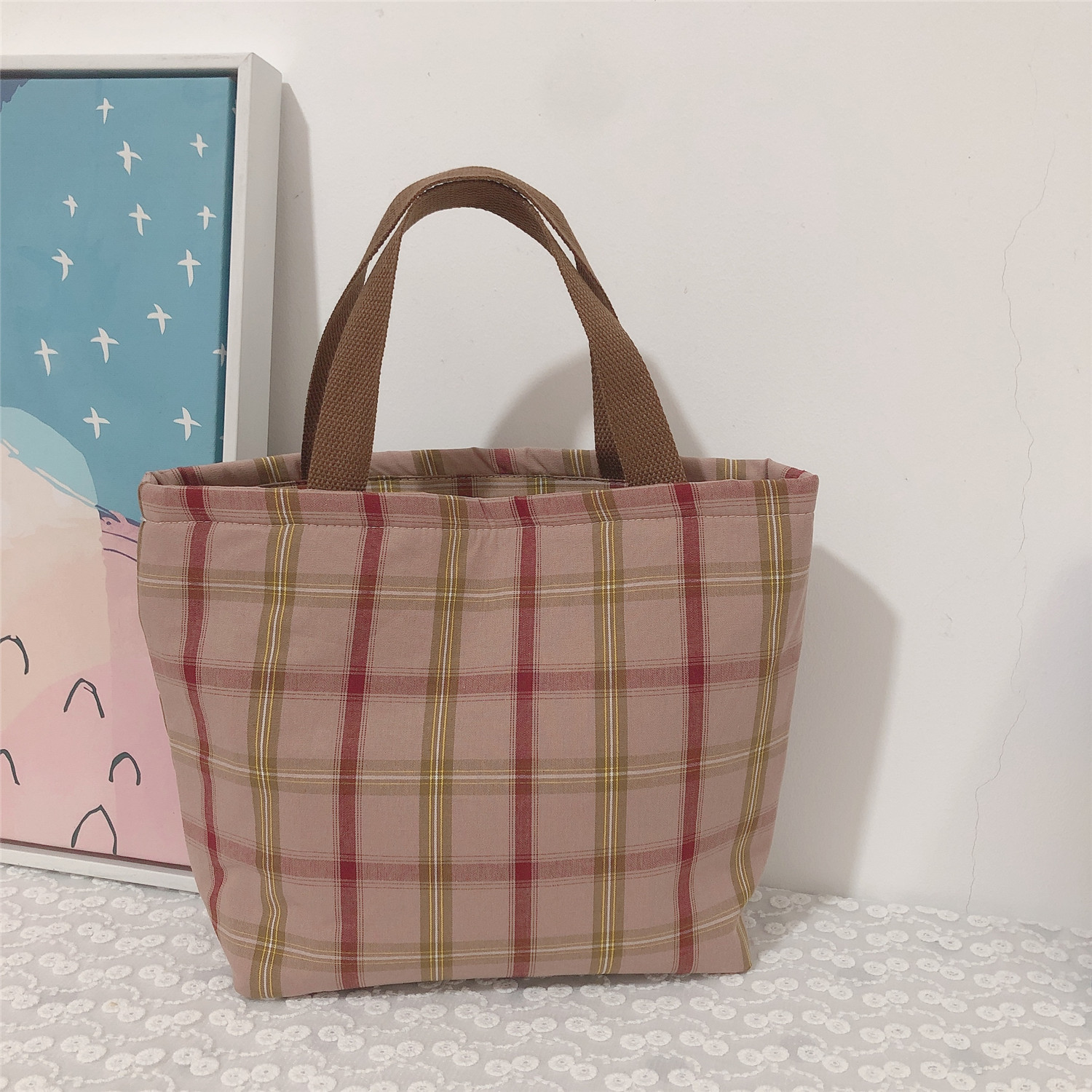 【归蝶布包】布袋包手提小拎包便当包格子棉布有保温层拉链午餐包