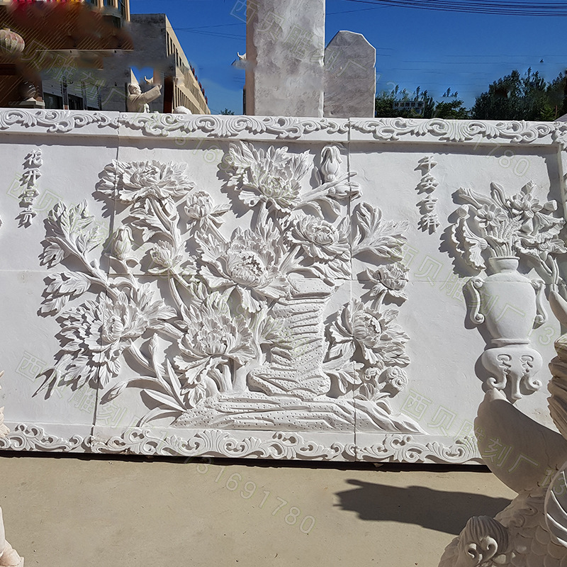 大理石雕浮雕 壁画背景墙 厂家定制石材照壁 花开富贵影壁墙