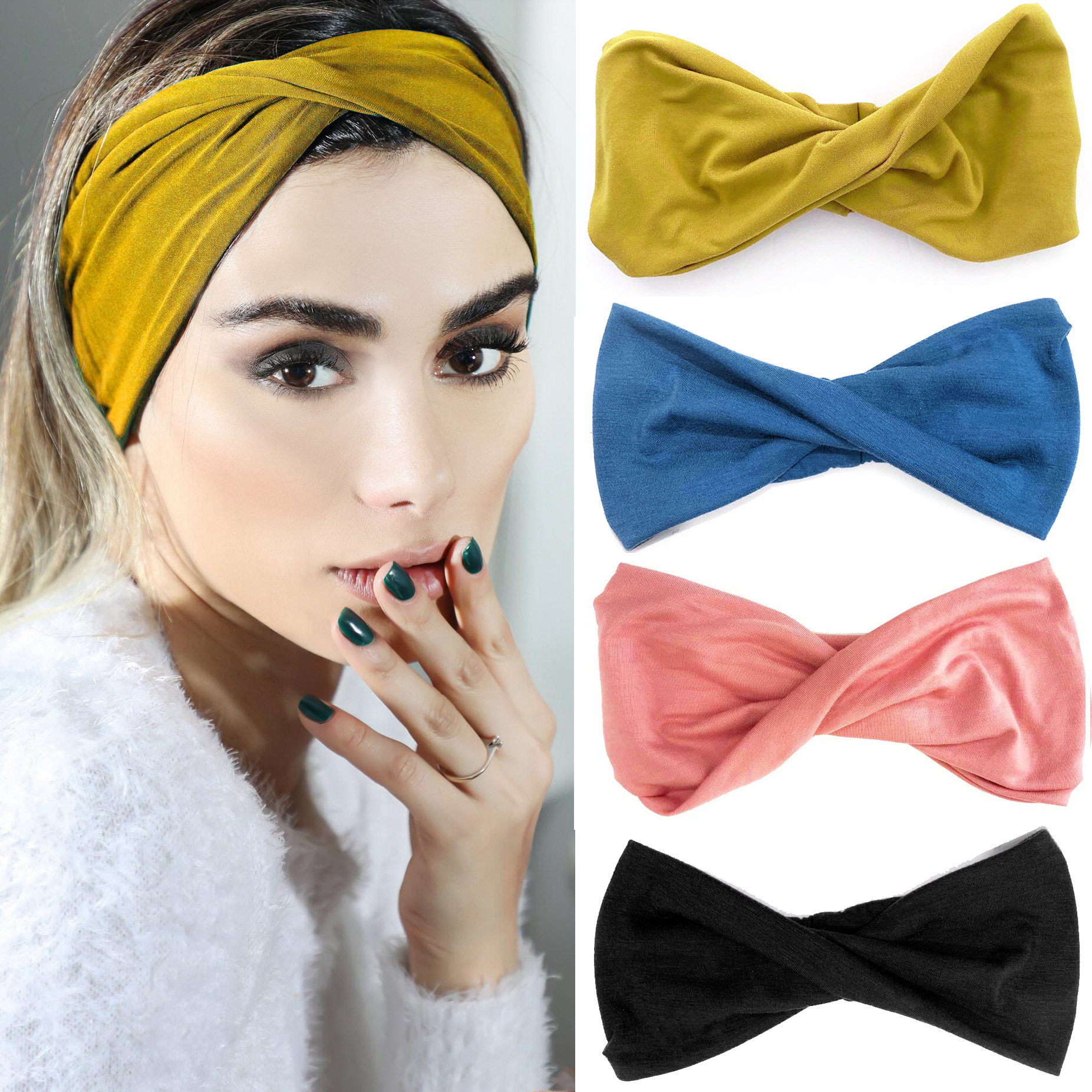 欧美女士运动瑜伽发带扭曲头带宽边弹力发带纯色头巾发箍发饰批发