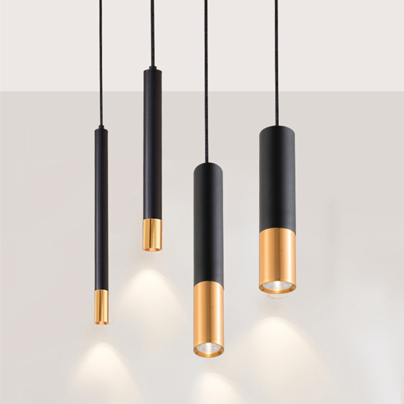 创意led吊线灯 工作室前台吧台黑金色吊灯 简约时尚长直筒餐吊灯