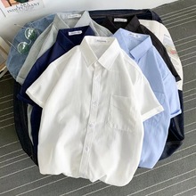 2022男士短袖衬衫夏季纯色休闲衬衣学生韩版宽松牛津纺薄款衬衫男