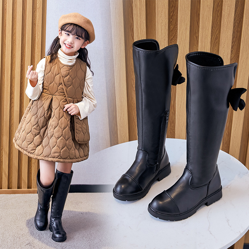 2020女童蝴蝶结单靴黑色过膝高筒皮靴子长靴春秋冬韩版儿童靴子