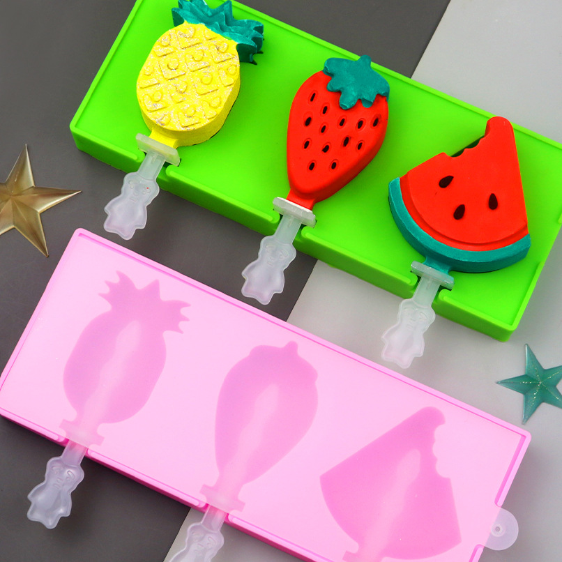 蓝调3连西瓜菠萝带盖配棒硅胶雪糕模具 卡通水果系列冰激凌模具