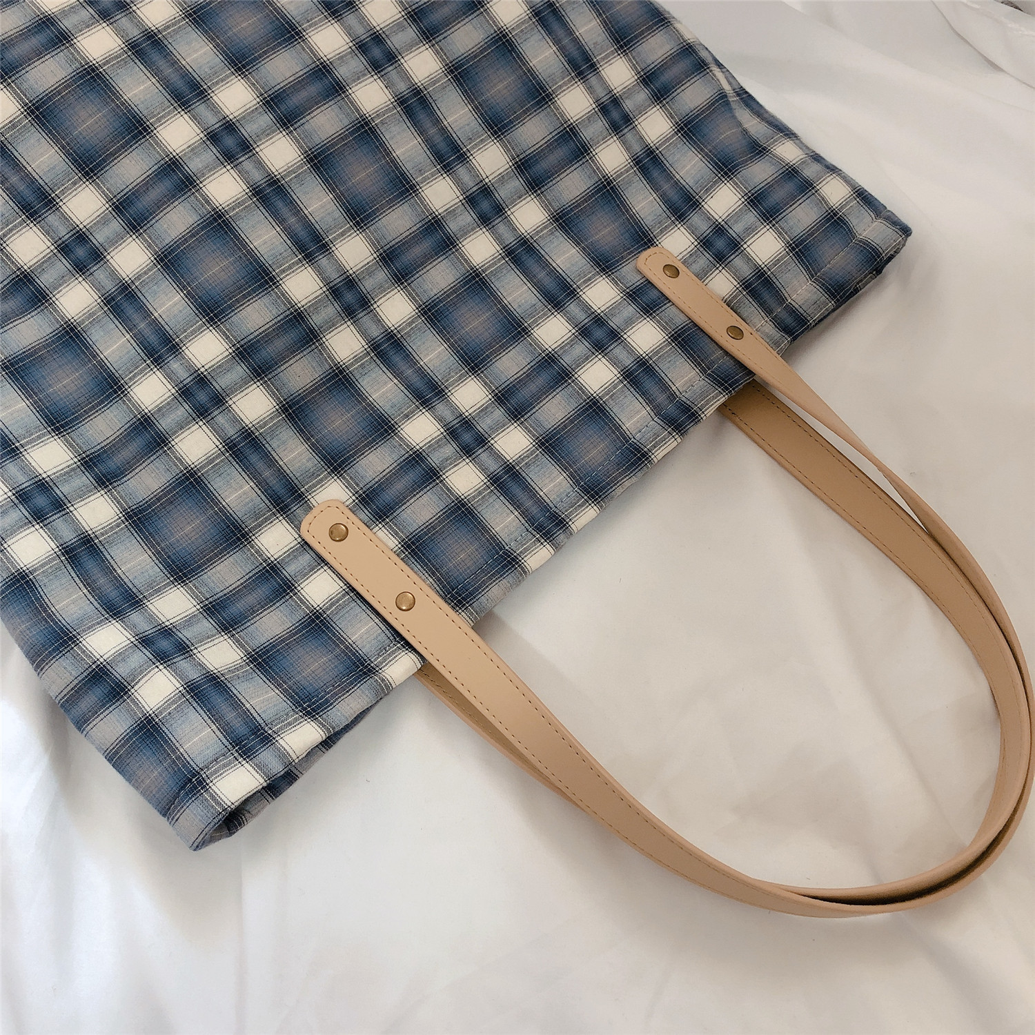 【归蝶布包】春夏新款大布包格子文艺清新日系学生女棉布单肩包