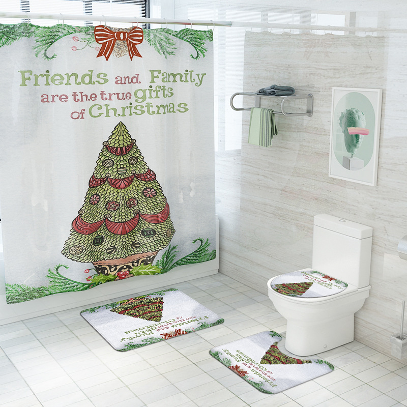 New Creative Cartoon Deer Christmas Tree Waterproof Shower Curtain Carpet Mat Four-Piece Set Toilet Mat Set One Piece Dropshipping