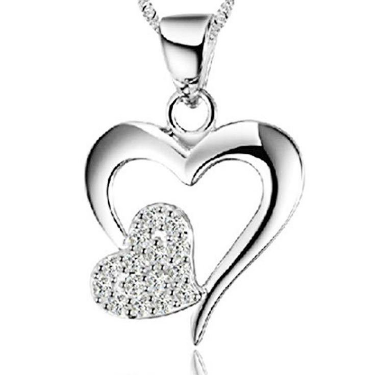 亚马逊时尚心形镀925银心心相印吊坠 流行镶钻项坠项链饰品