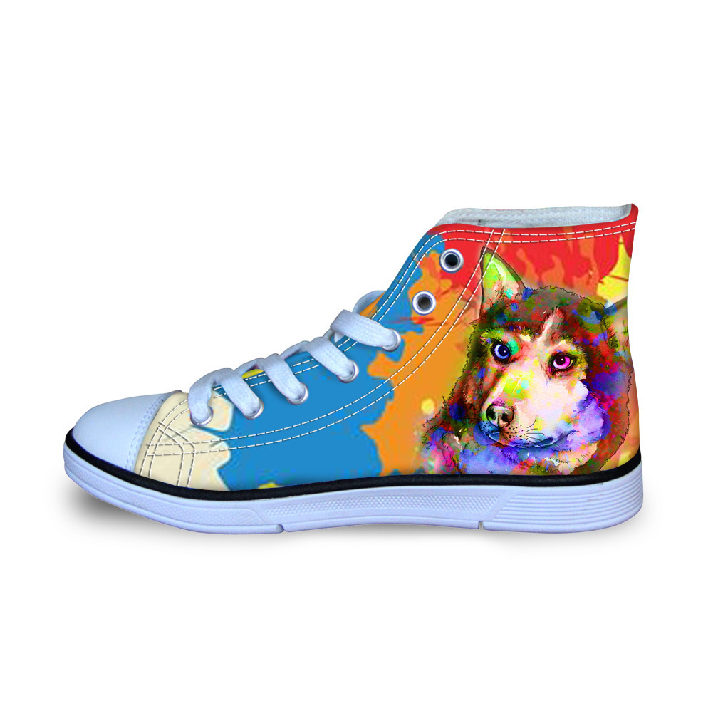 外贸颜料水彩油画宠物狗图案定制男女童鞋儿童高帮帆布鞋一件代发