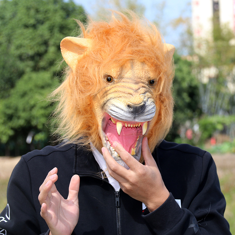 现货张口狮子面具万圣节乳胶动物头套酒吧搞怪派对道具工厂批发