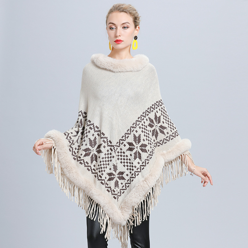 1643# Autumn and Winter Socialite Flower Jacquard Fur Collar Women's Knitted Coat Warm Tassel Female Shawl Cape