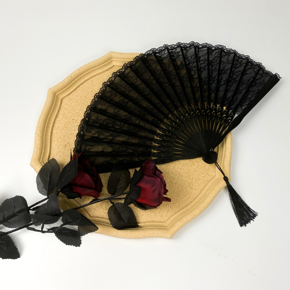 镂空蕾丝扇子古典暗黑优雅复古凹造型摄影道具贝壳圆形日式折扇
