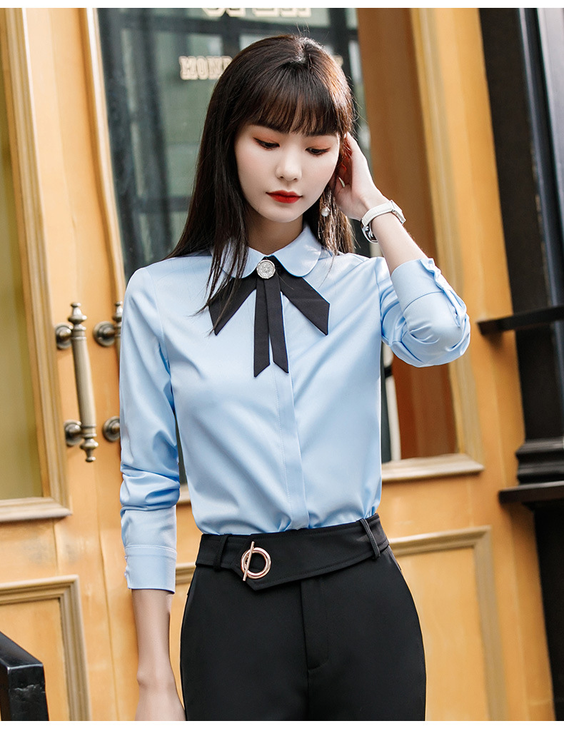 白色蝴蝶结衬衣女带领结韩版修身显瘦长袖打底衬衫春秋款上衣