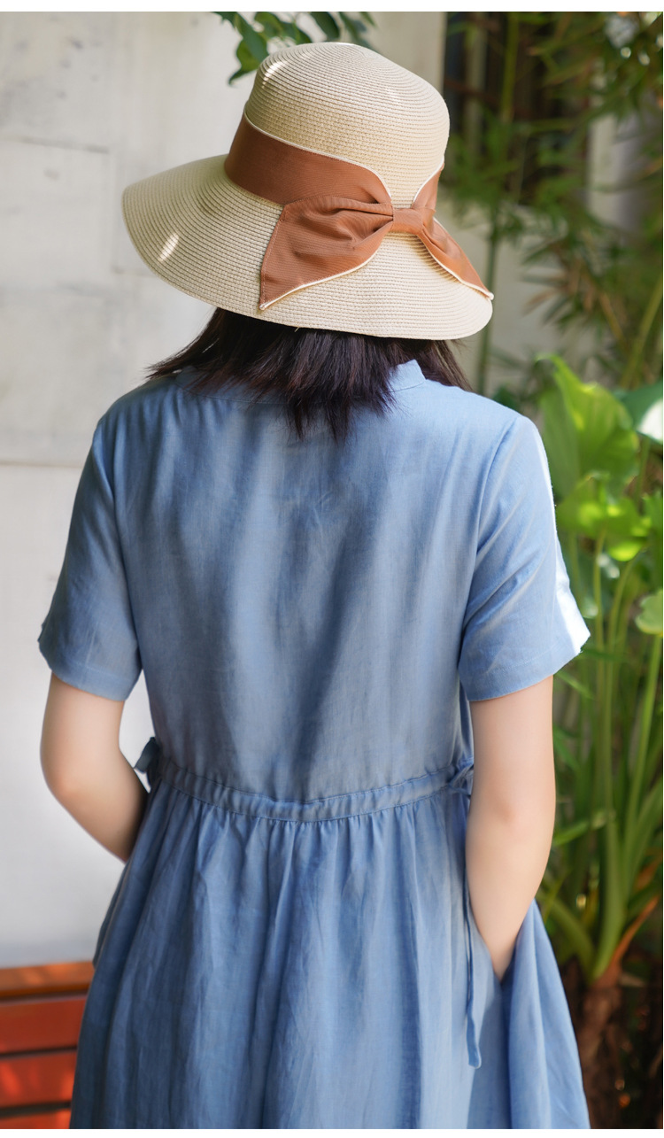 蓝色亚麻连衣裙新款文艺复古短袖中长款裙子棉麻女装夏一件代发