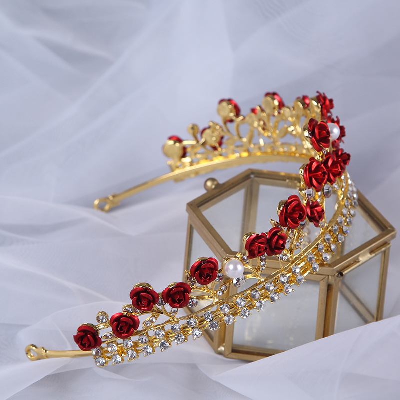 新娘皇冠韩新款红色玫瑰花王冠女王结婚婚纱盘发头饰女童生日头箍