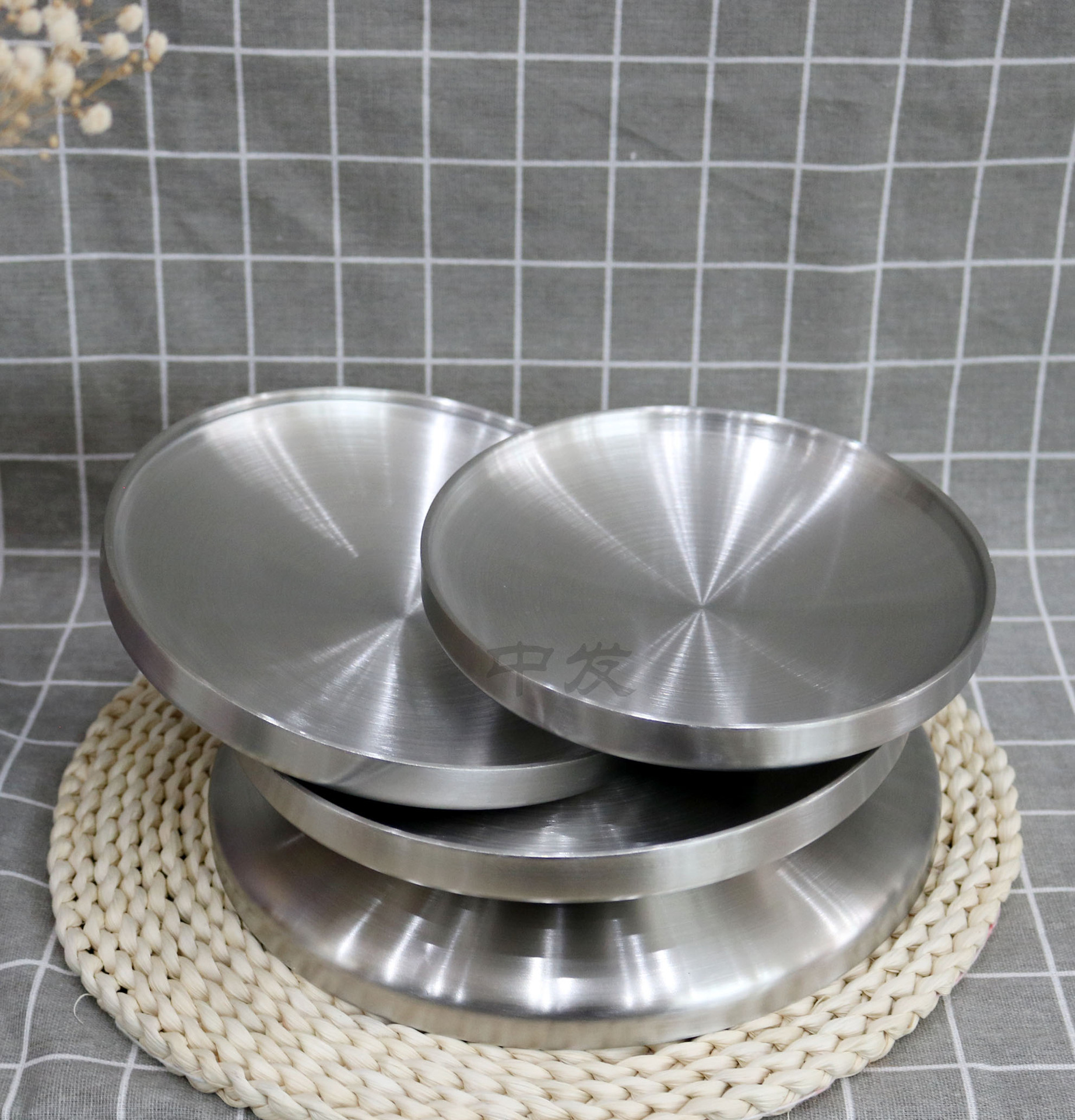 不锈钢304双层盘子 韩式不锈钢浅盘 加厚防烫菜盘餐盘 水果盘圆盘