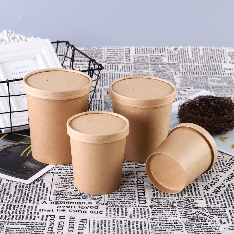 Disposable Soup Bucket Kraft Paper Porridge Bucket Paper Bowl with Lid Soup Cups Porridge Cup Take out Take Away Fiber Drum Spot Goods