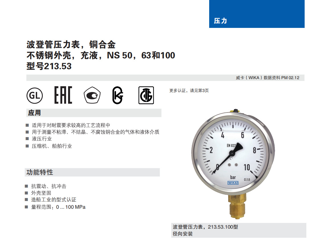 德国威卡wika充油耐震压力表213.53.063黄铜螺纹接口en837-1