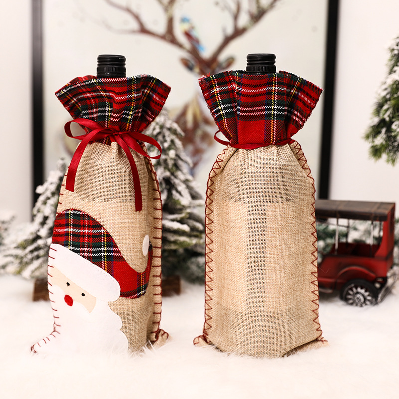 Christmas Decorations New Bar Table Lattice Edge Machine Embroidery Wine Gift Box Champagne Bottle Cover Wine Bottle Drawstring Bag