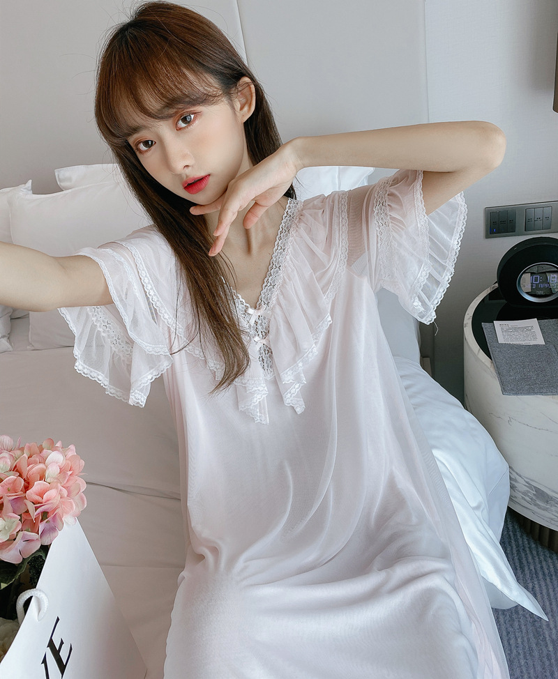 法式复古宫廷风蕾丝荷叶边公主蕾丝睡裙女过膝中长款莫代尔睡衣夏