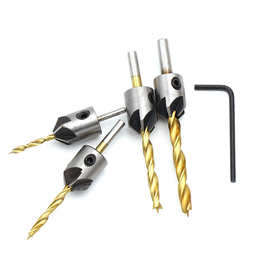 木工沉头钻高速钢镀钛圆柄三尖麻花钻头开孔倒角一体沉孔钻头套装