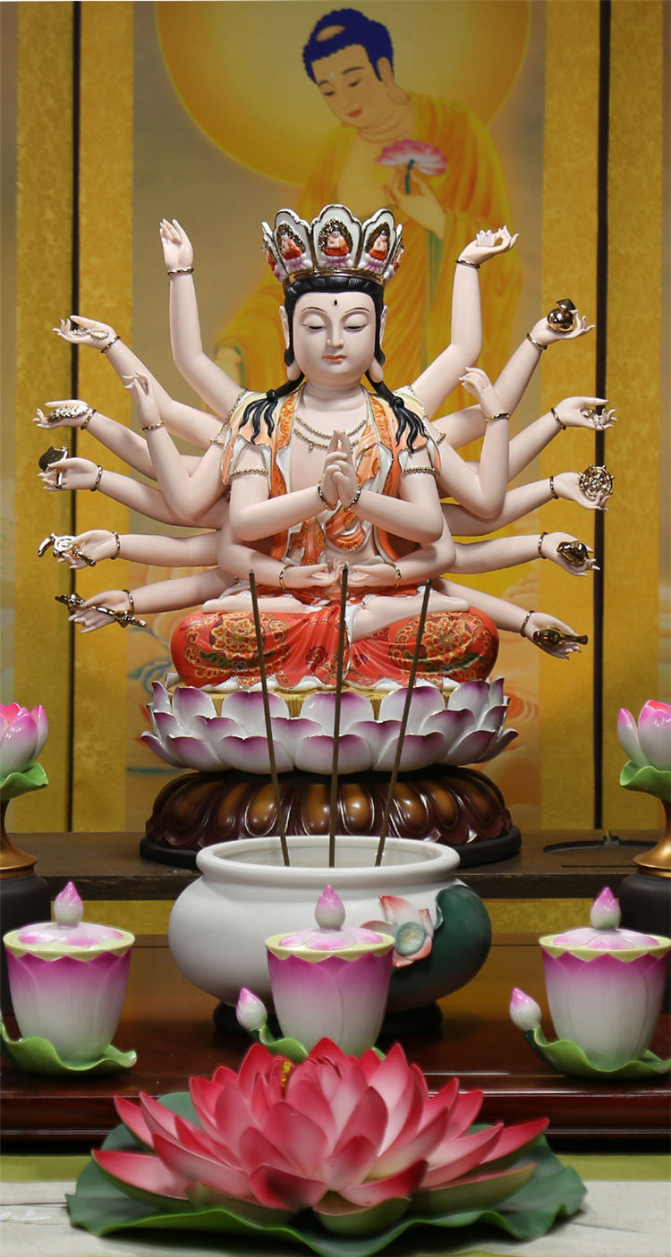 【上美】陶瓷18吋准提佛母坐像精工彩绘千手千眼观音佛像居家供奉