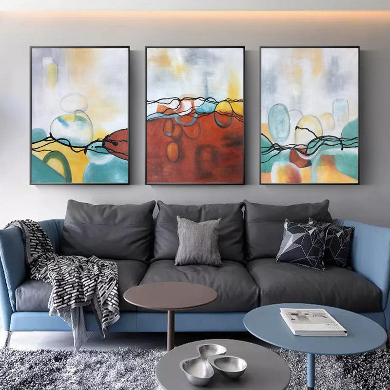 现代简约艺术三联画纯手绘油画酒店大堂装饰画抽象客厅卧室挂画