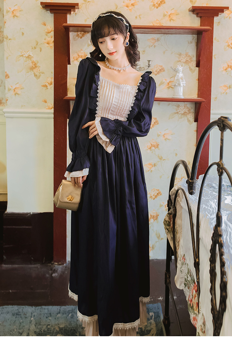 复古宫廷风梗桔裙秋季女装新款设计感拼接长袖连衣裙收腰显瘦气质