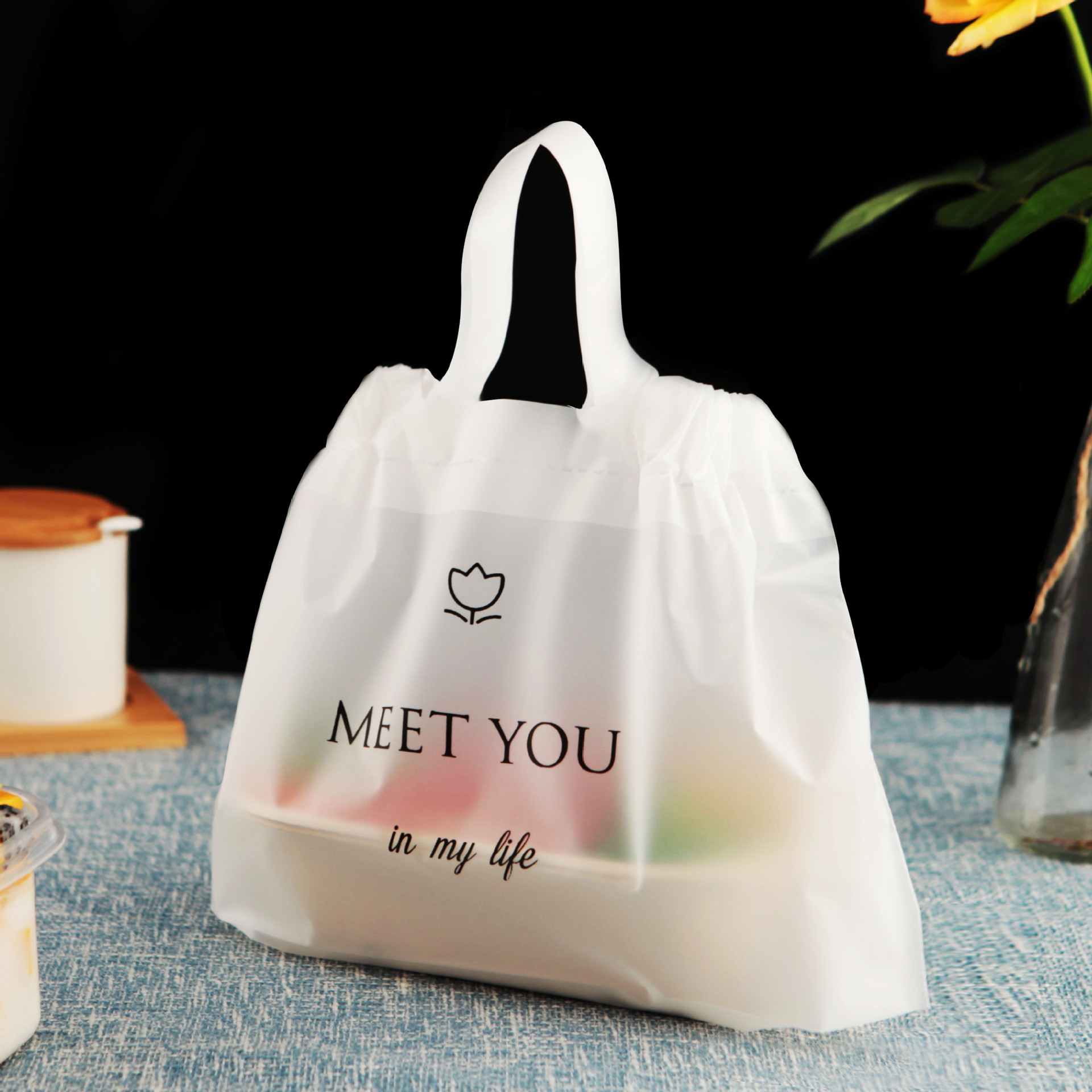 束口可降解抽绳袋拉拉袋塑料袋食品沙拉打包袋便当盒外卖手提袋子