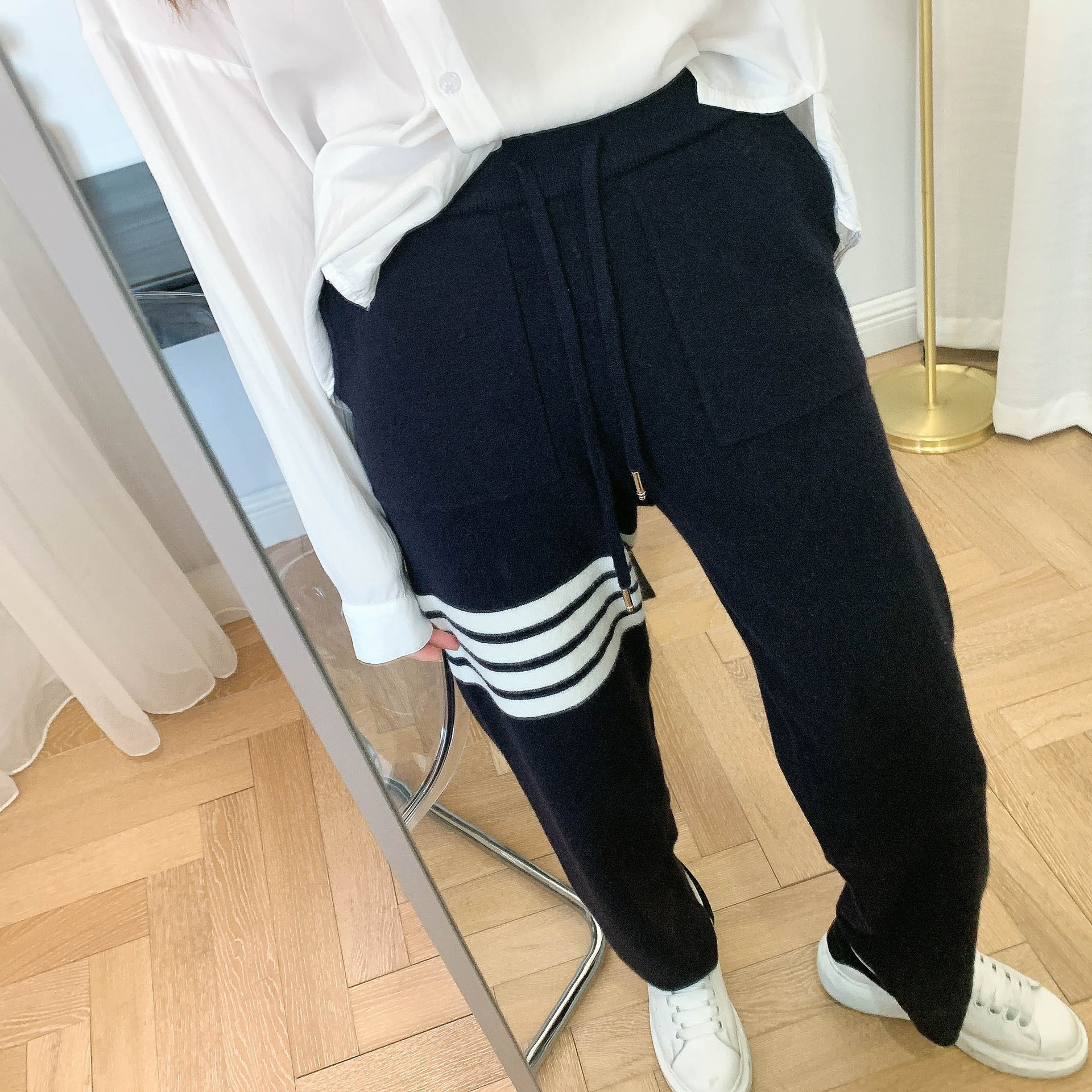 2020tb高腰长裤女针织裤灰色四杠宽松直筒ol休闲裤显瘦阔腿裤基础