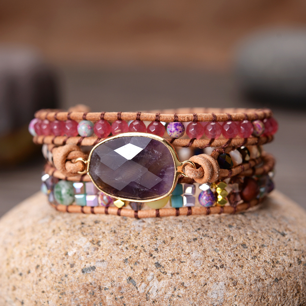 切面紫晶石手链水晶石头手工编织多层缠绕女士首饰