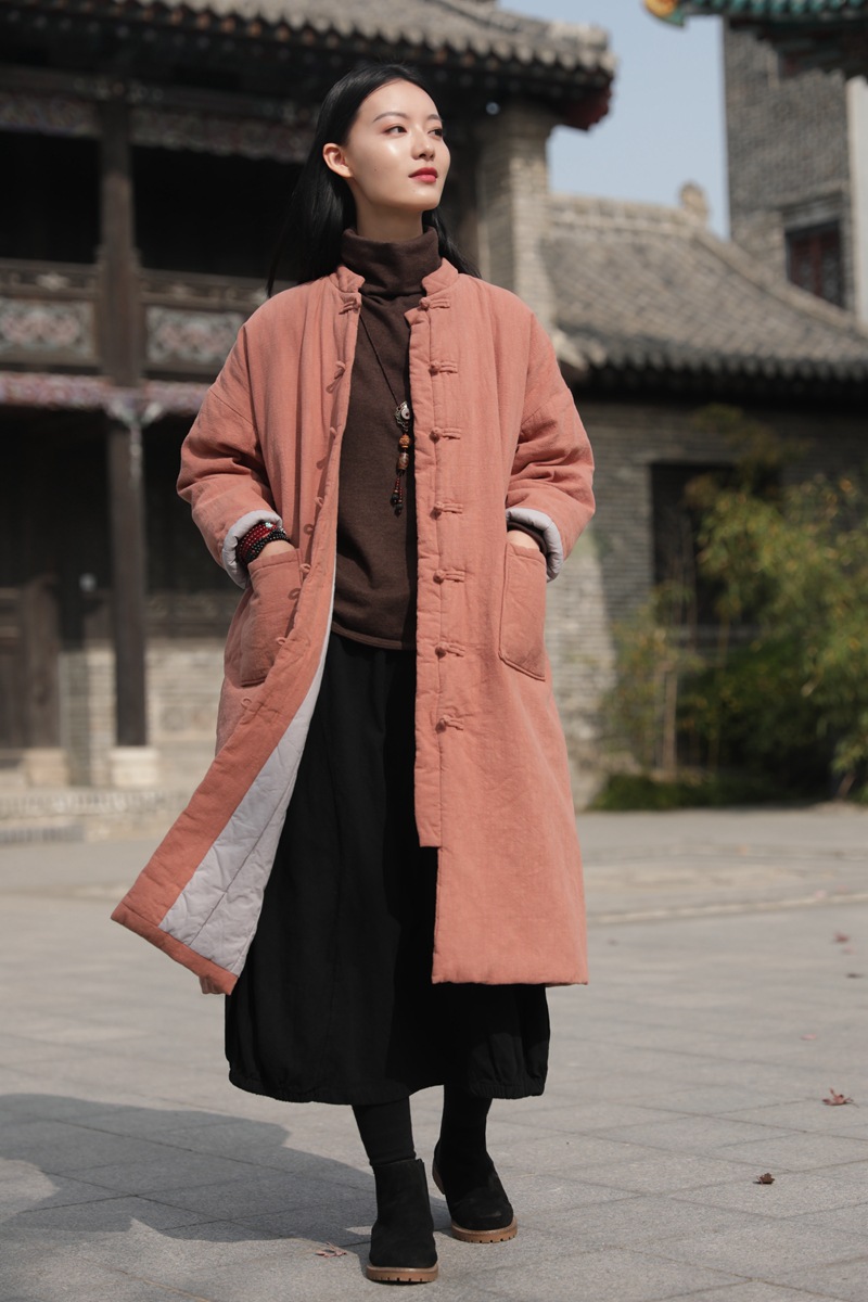 2020冬新品棉麻女装复古国风砂洗立领盘扣亚麻长款棉服女式棉衣