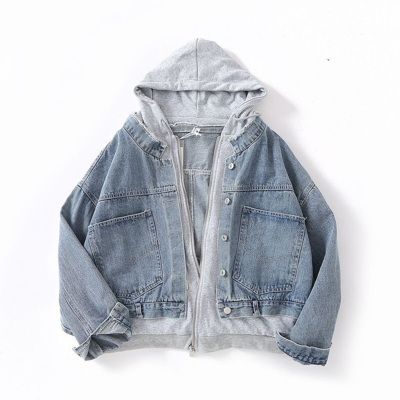 牛仔外套女2020秋冬新款连帽卫衣拼接假两件牛仔衣学生棒球服上衣