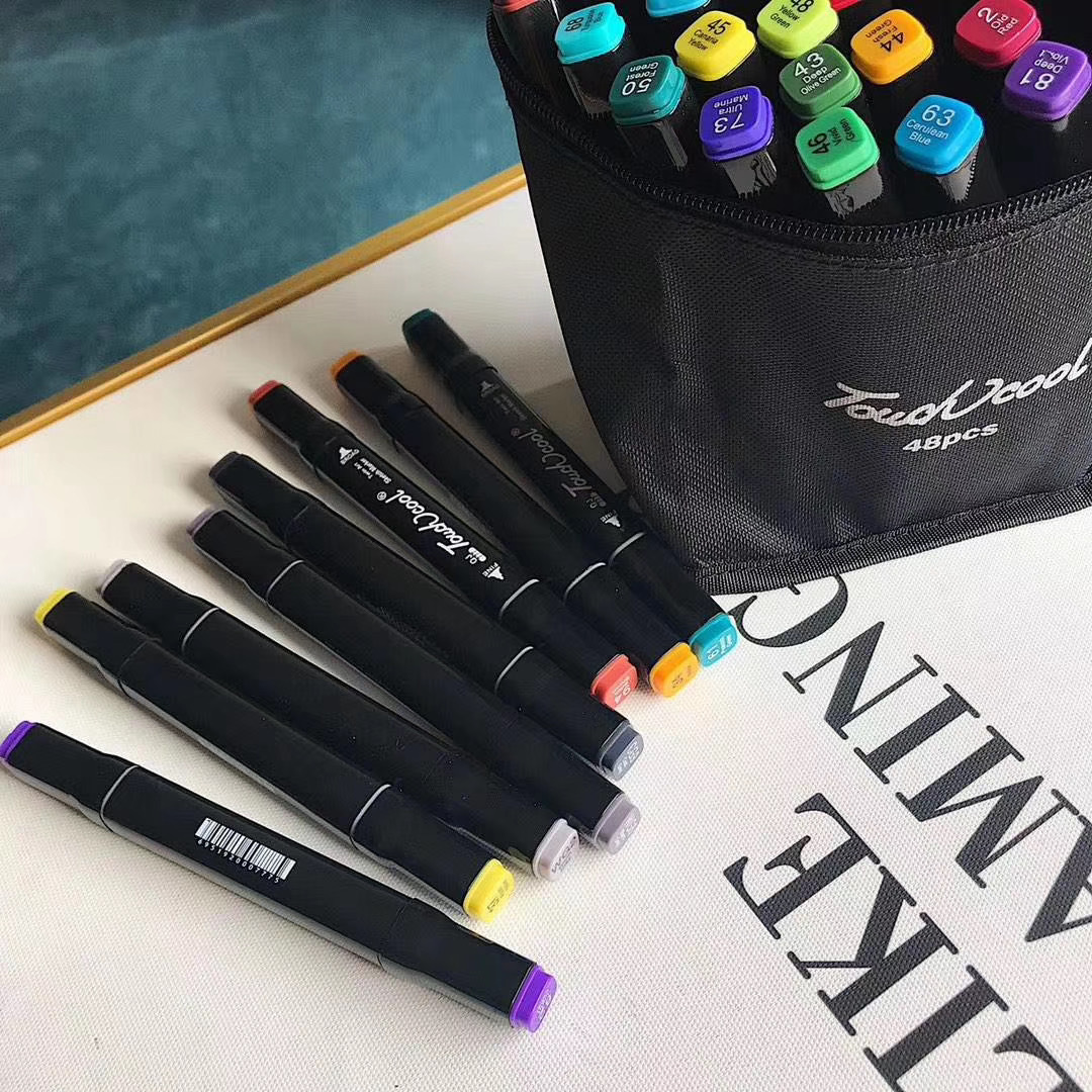 48色马克笔双头学生初学动漫手绘油性绘画彩色帆布袋装马克笔套装