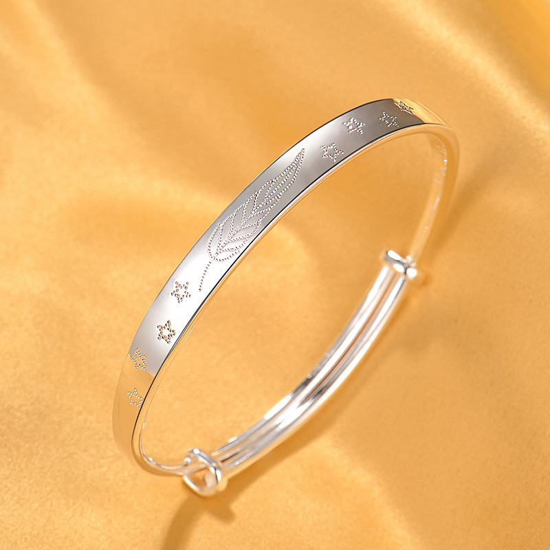 999纯银光面实心手镯女 日韩简约光面学生镯子刻字手环七夕送女友