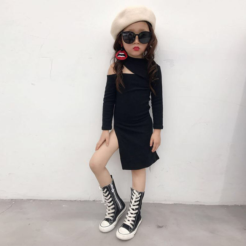 童装初秋新款女童斜肩弹力包臀裙修身连衣裙儿童走秀款时尚潮款