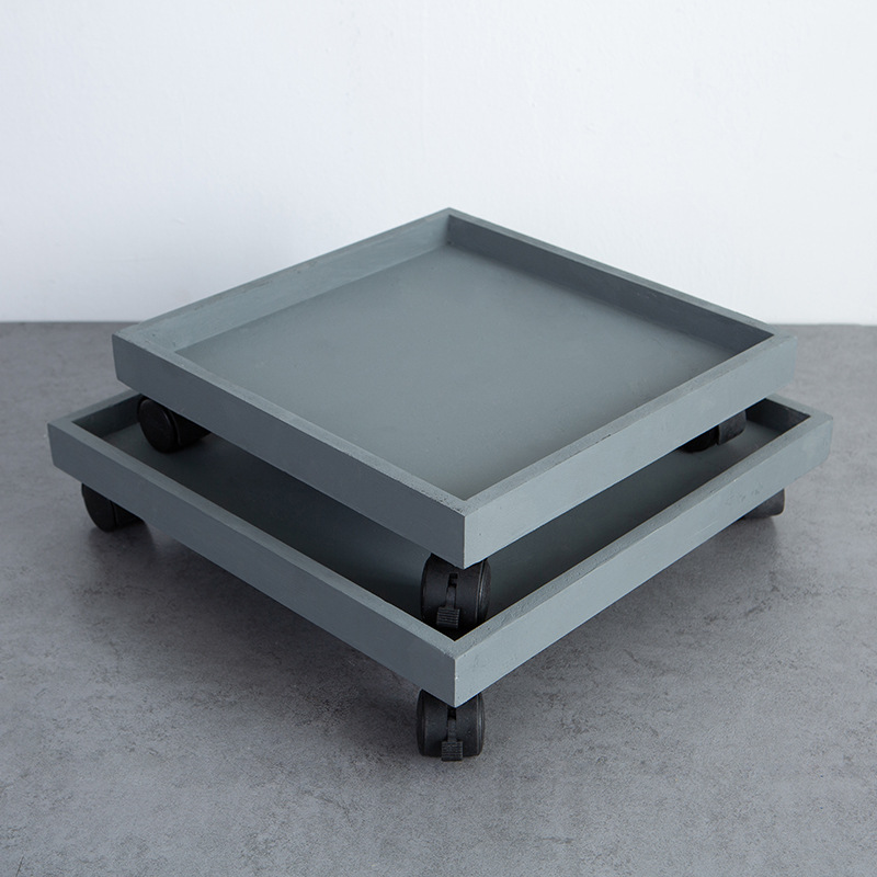 仿水泥花盆托盘正方形带滑万向轮移动接水盘垫底座可刹车黑白家用
