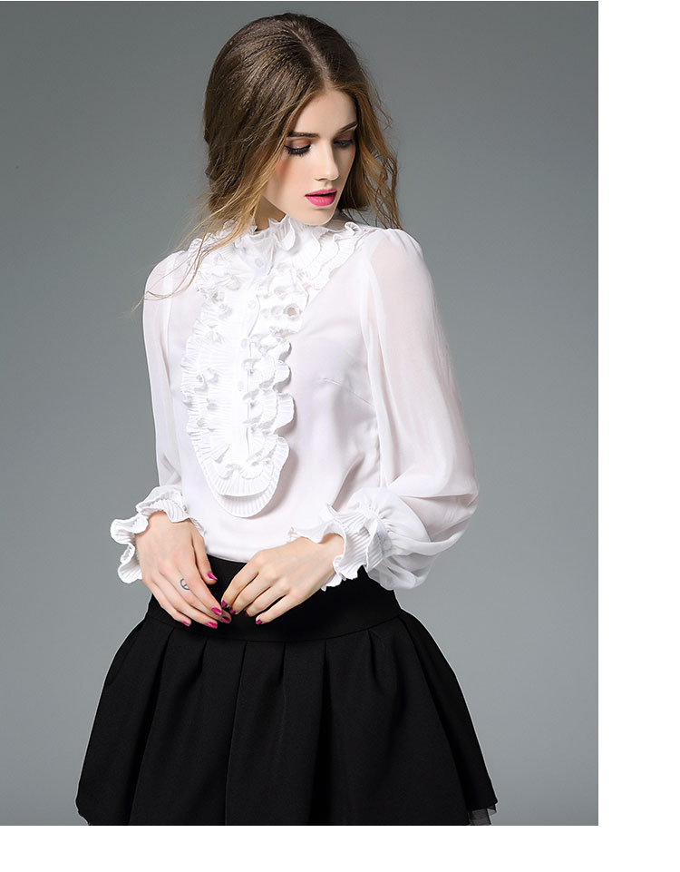 宫廷风复古衬衫女 欧货小衫原创设计感衬衣灯笼袖荷叶边真丝上衣