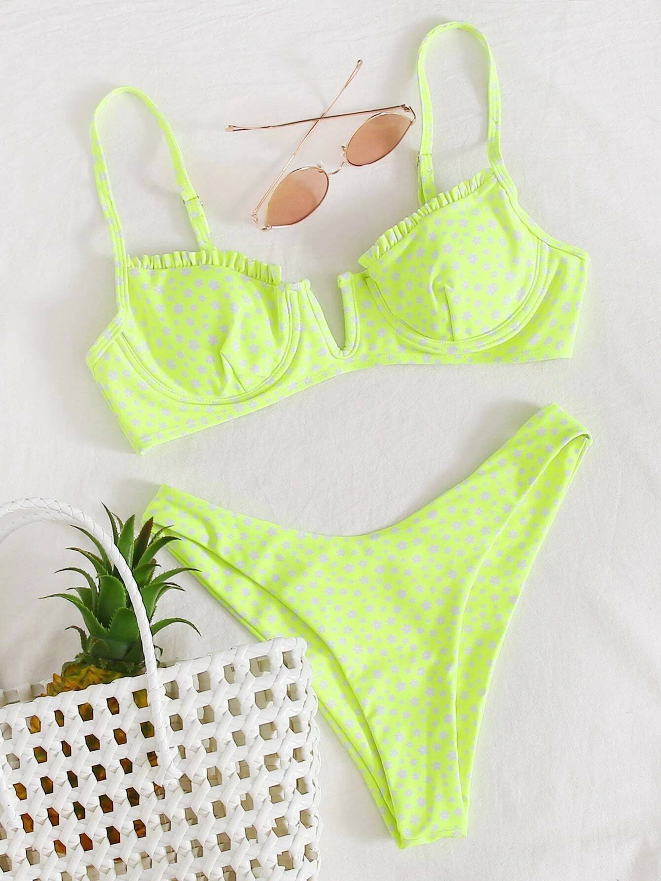 新款速卖通2020比基尼性感爆款小碎花v字钢托聚拢比基尼分体泳衣