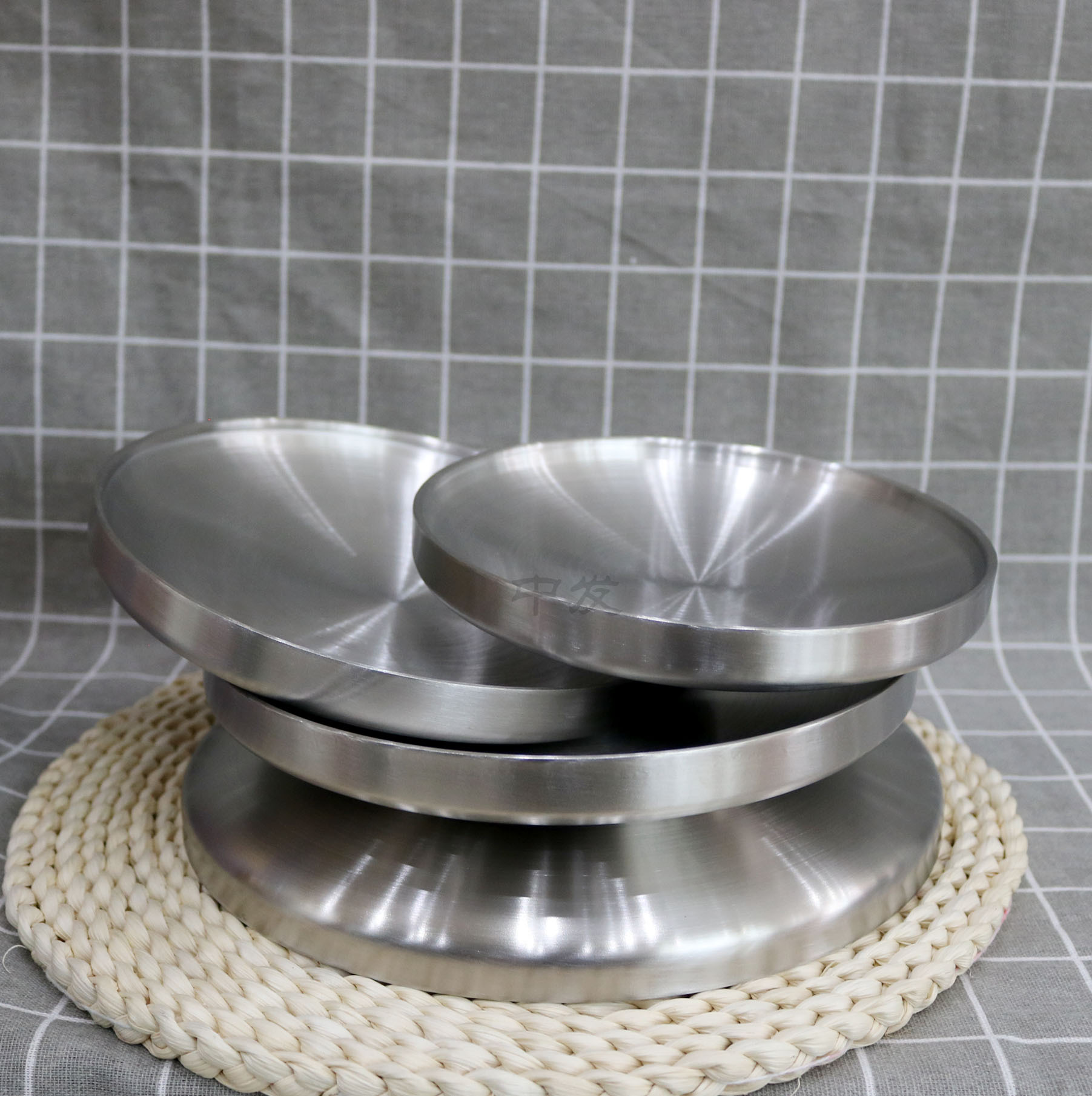 不锈钢304双层盘子 韩式不锈钢浅盘 加厚防烫菜盘餐盘 水果盘圆盘