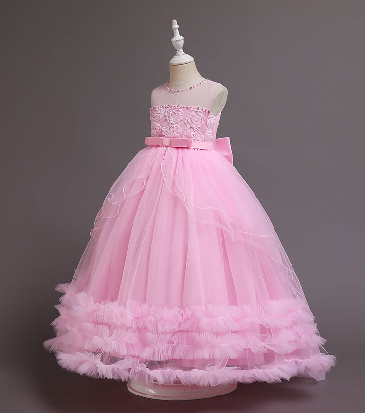儿童礼服中长礼服裙夏季女童婚纱礼服绣花网纱公主蓬蓬裙表演主持