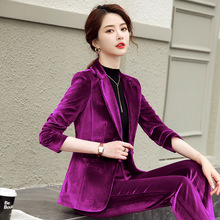 紫色金丝绒西装套装秋冬新款韩版时尚修身气质休闲小西服外套上衣