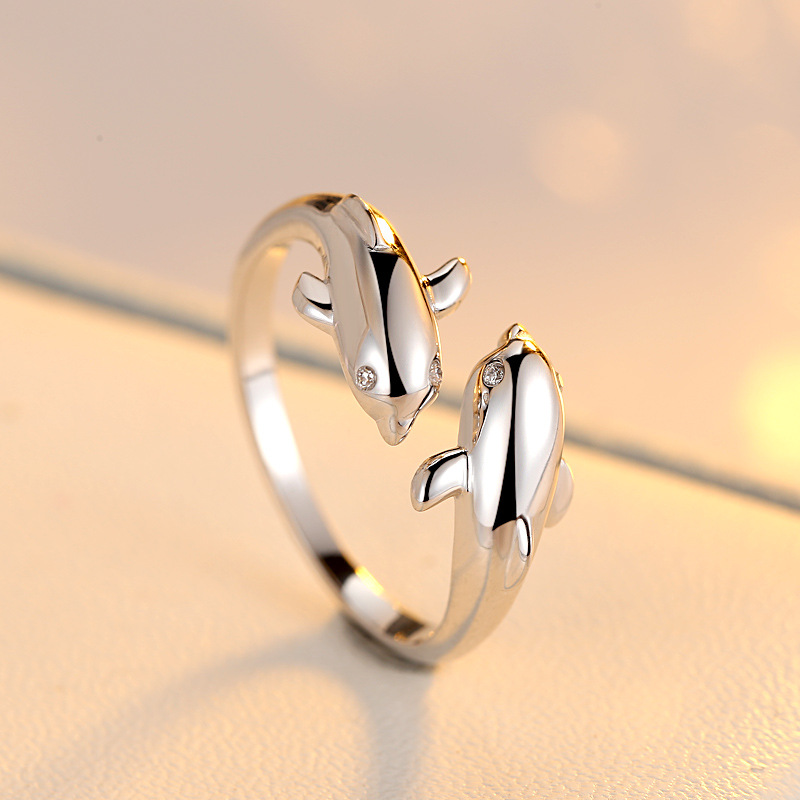 925银海豚戒指开口女戒小动物 浪漫恋人 韩版学生可爱尾戒