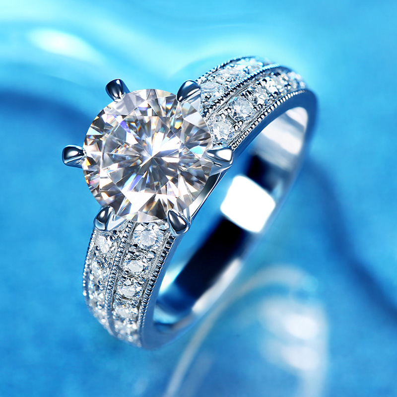 加洲珠宝18k白金六爪钻戒双排戒托1克拉莫桑石戒指女钻石婚戒