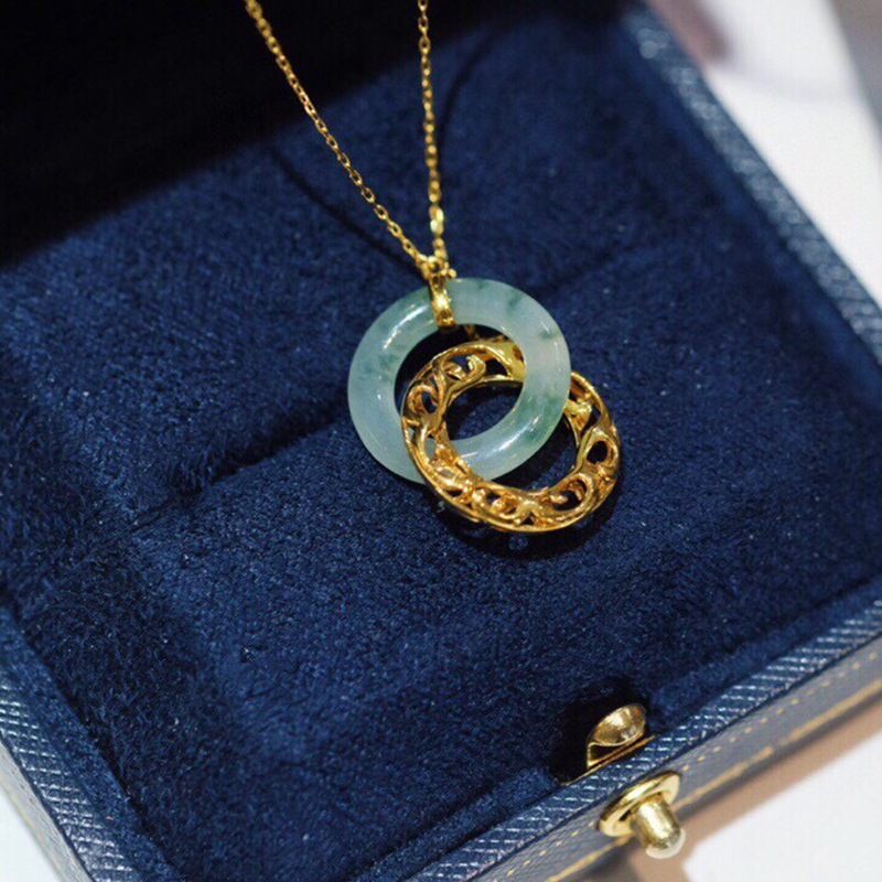 18k金镶翡翠项链纯au750环环相扣吊坠18k金项链 k金颈饰送礼